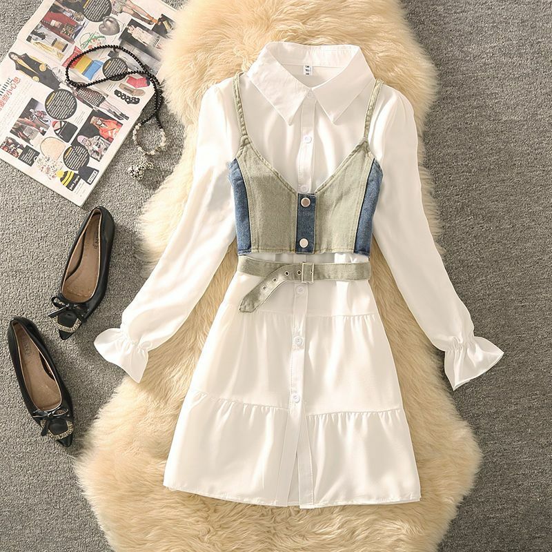 New Spring 2024 Hong Kong Style Retro Long Sleeved Single Breasted Shirt Dress with Two-piece Denim Camisole Vest Dress Sets