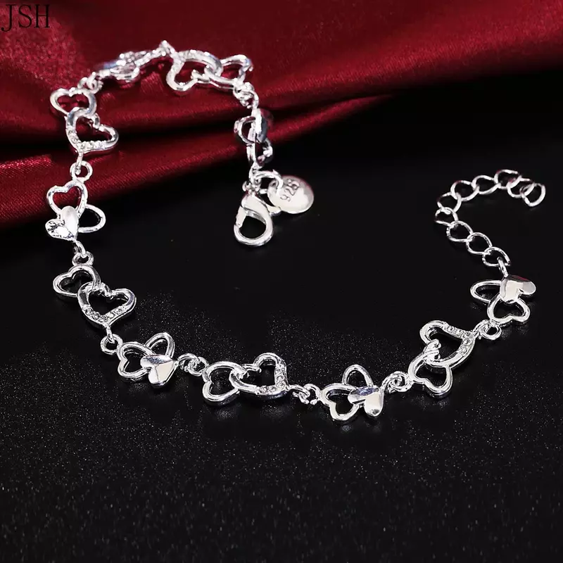 Beautiful gorgeous women bracelet HEART lovely Crystal chain fashion Wedding Party Silver Plated cute lady  jewelry LH007