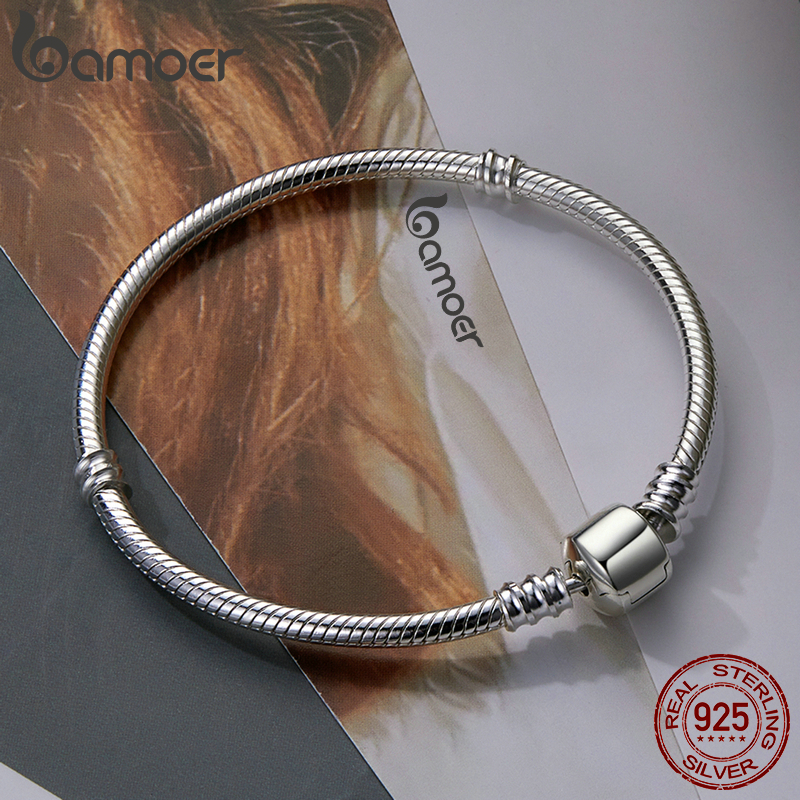 Bamoer 925 Sterling Silver Classic Snake Bracelet Women Personalized Charm Bracelet fit Letter Charm Bead