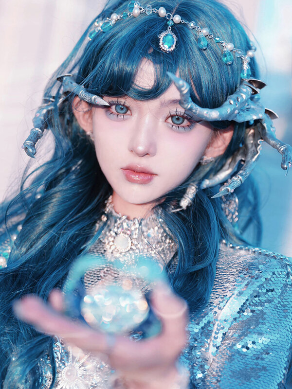 Wig panjang kepala penuh wanita, rambut palsu biru keriting hijau atas penuh warna Lolita