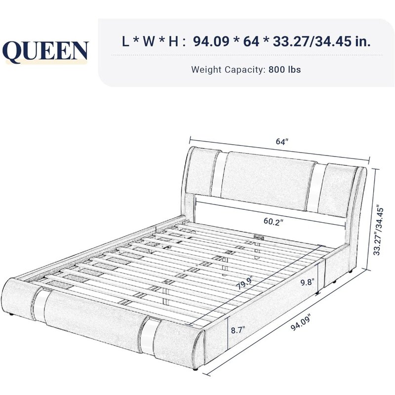 Quadro de cama com estofamento da placa do ferro, cabeceira ajustável, ripas de madeira resistentes, couro, cama estofada da plataforma