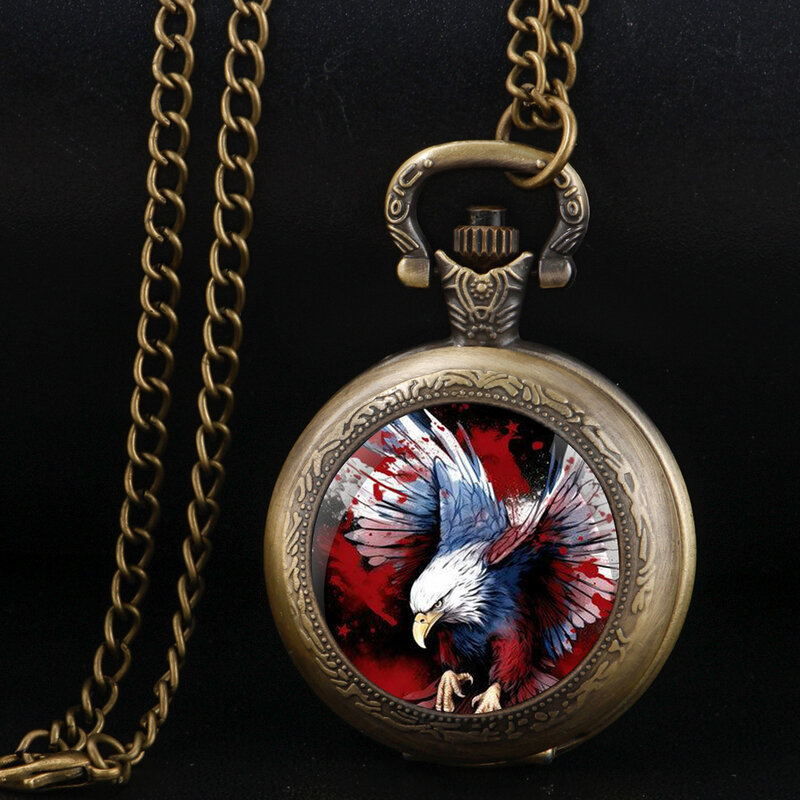 American flag Bald Eagle Bronze Silver Vintage Quartz Pocket Watch Men Women Pendant Necklace Clock Watch Kids Jewelry Gifts