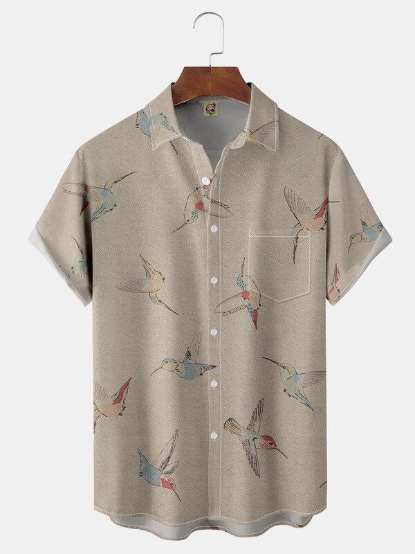 Fashion Men's Summer Loose Pocket Shirt Bird Print Men's Hawaiian Beach Short Sleeve Top Casual Shirt