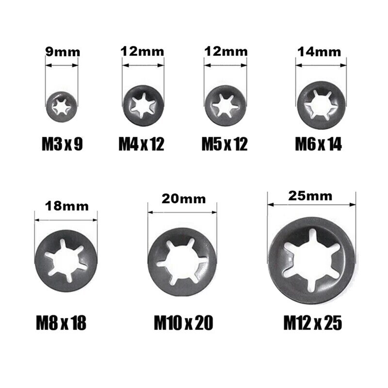 Kit surtido de arandelas de bloqueo de estrella de acero, anillo de retención de agujero de flor de ciruelo, Clip de oso, 65 Mn, 340 piezas, M3M4M, M6M8M10M12