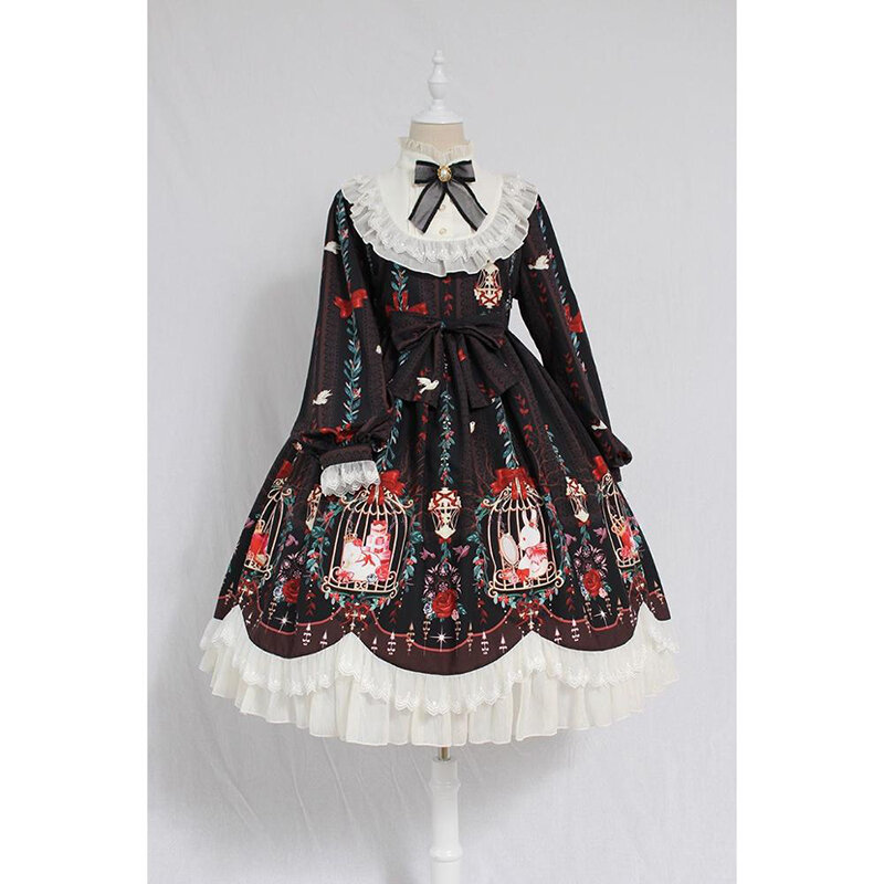 Lolita dress sweet lolita cage dream bow tie OP long-sleeved dress retro victorian dress kawaii girl gothic lolita (Not Alice)