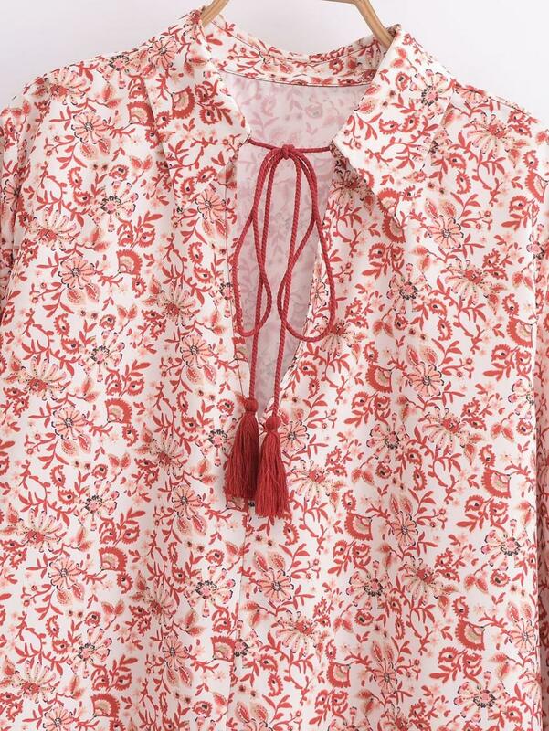 Traje con estampado Floral para mujer, jersey con estampado rojo, camisa de manga larga con cordones, Vestido largo de empalme, ropa de calle informal
