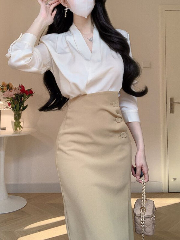 Женские офисные комплекты из 2 предметов, футболка средней длины, облегающая юбка, однотонная повседневная одежда, винтажная Мягкая Повседневная одежда в Корейском стиле