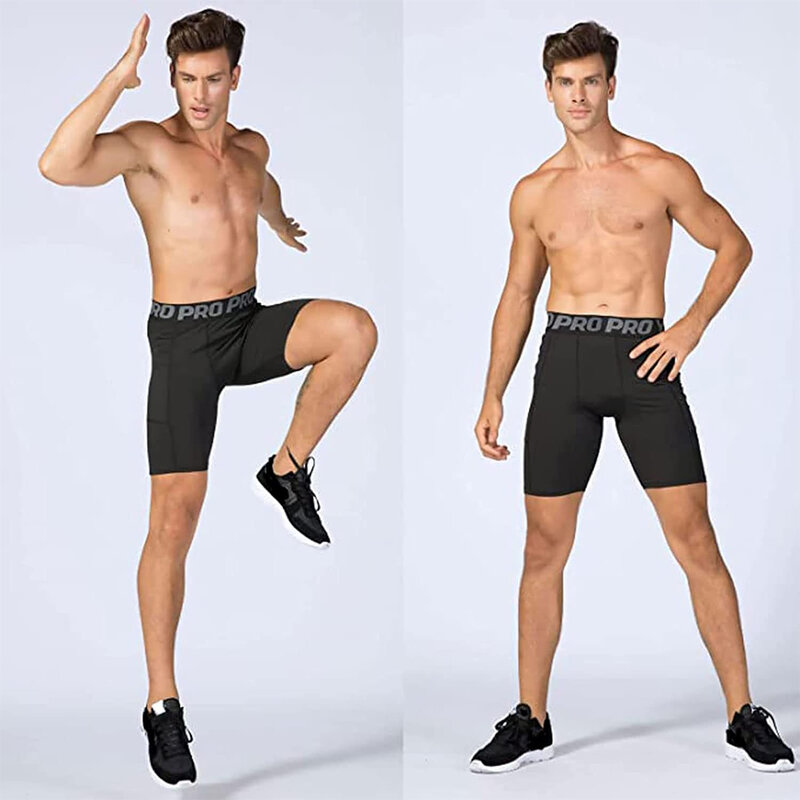 Mens Gym Shorts with Pockets Workout Compression Leggings for Men Polyester Boxer Briefs Running Basketball Athletic Tights