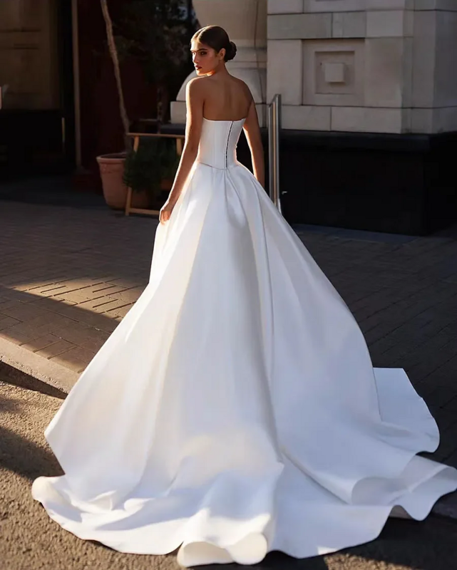 Flavinke Elegant Pearl Wedding Dresses With backless Slit A Line Ball Gown Strapless Bridal Gowns Back Button Vestido De Novia