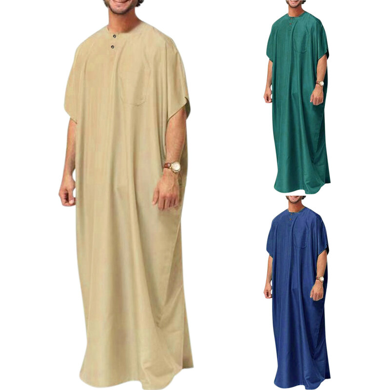 Men's Muslim Robe Fashion Elegant Solid Color Robe With Pocket Vintage Arabic Dubai Islamic Muslim Casual Abaya Robe Jubba Thobe