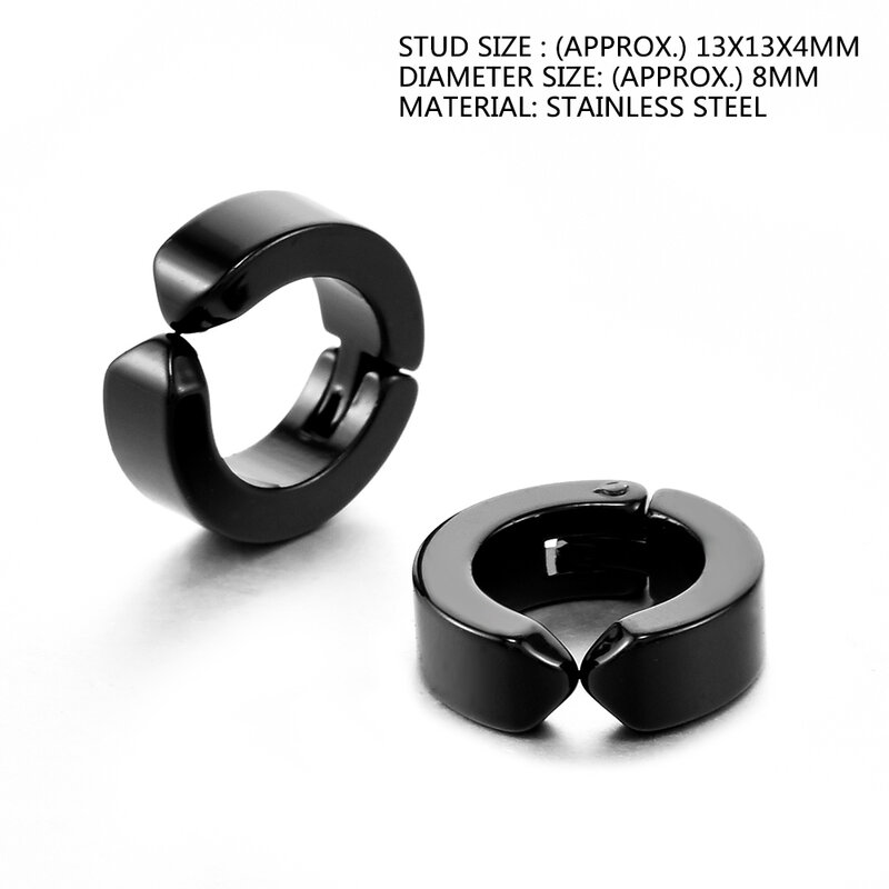 1 Pair Men's Stainless Steel Non-Piercing Earring Clip On Ear Stud Cuff Earrings Men Black ER960