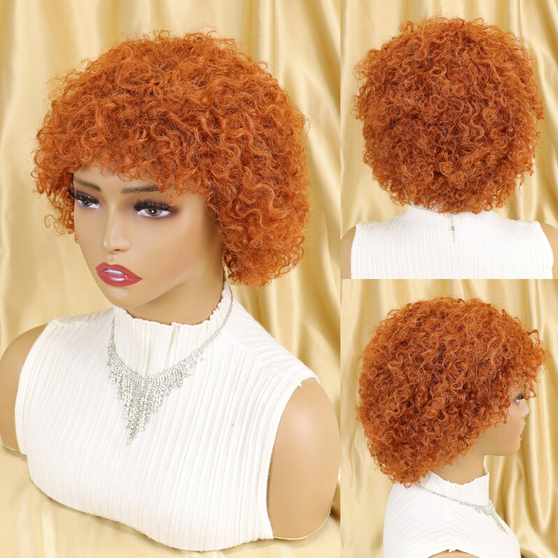 Peluca de cabello humano rizado Afro 100% esponjoso con flequillo, pelo Natural corto Bob para mujeres negras, 180% de densidad, máquina completa