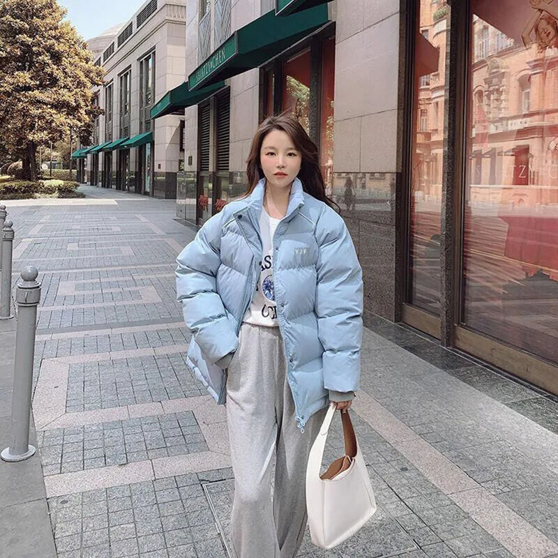 Mantel katun wanita gaya Korea, jaket warna polos wanita, pakaian luar longgar kasual wanita, mantel katun musim dingin