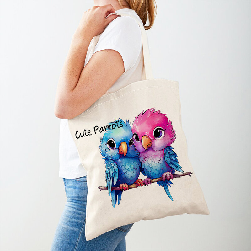 女性のための買い物かごの形をしたハンドバッグ,二重プリント,カジュアルなギフト,旅行,かわいい漫画の鳥,動物,女の子のためのショッピングバッグ