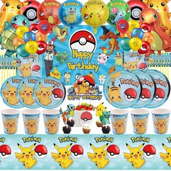 Cadeaux de fête Pokemon pour enfants, décoration d'anniversaire, vaisselle  britannique, nappe, tasse en papier, assiette, Pikachu Rick, fournitures de