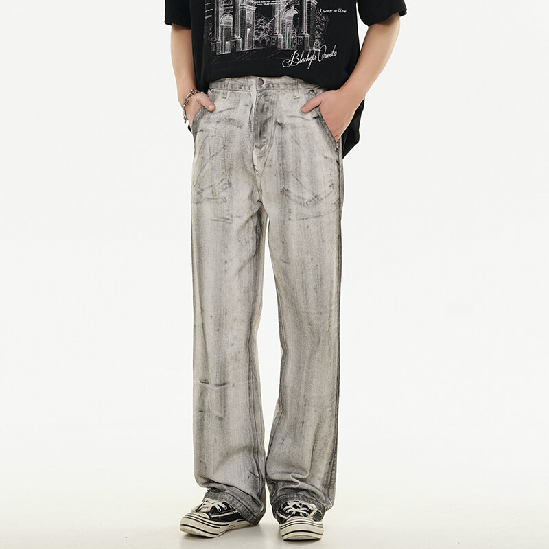 Calça jeans lavada vintage lavada masculina, calça reta solta, calça drapeada americana na rua alta, primavera e verão, 2024