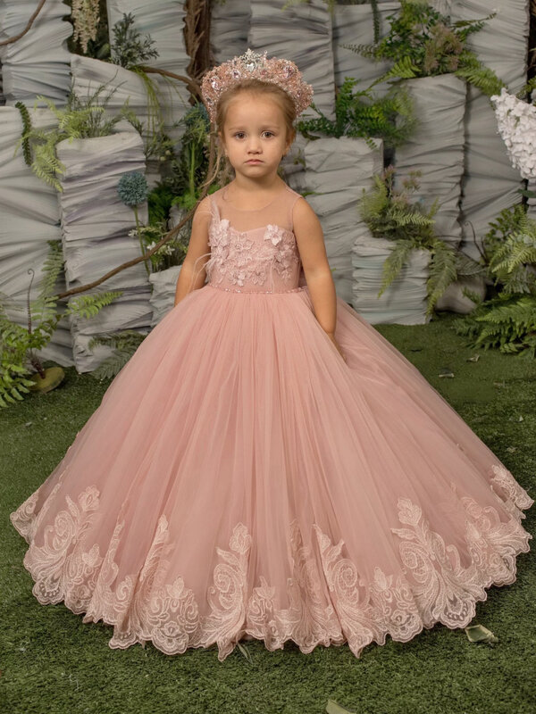 Flower Girl Dresses Dusty Pink Tulle Puffy Appliques With Bow Sleeveless For Wedding Birthday Banquet First Communion Gowns