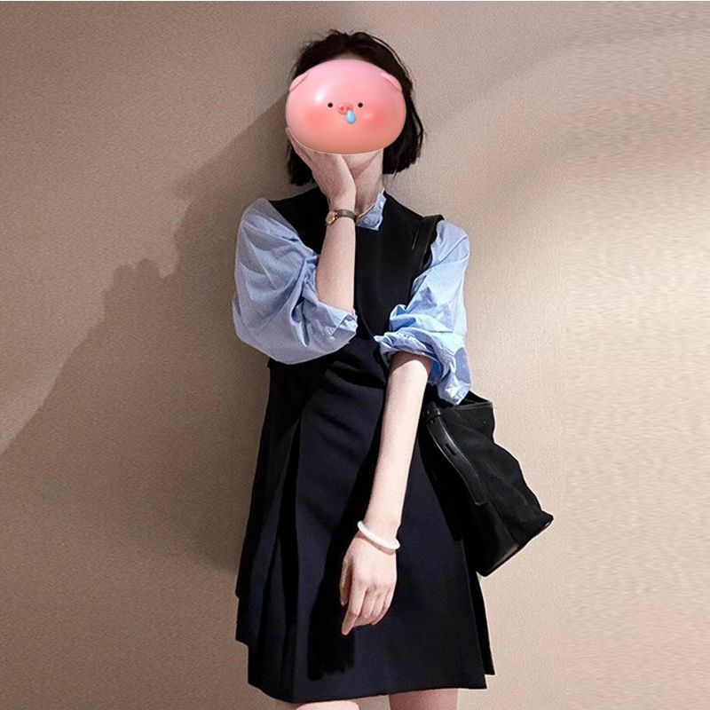 Falda de tirantes negra coreana + camisa para mujer, traje profesional de dos piezas, principios de primavera, 2024