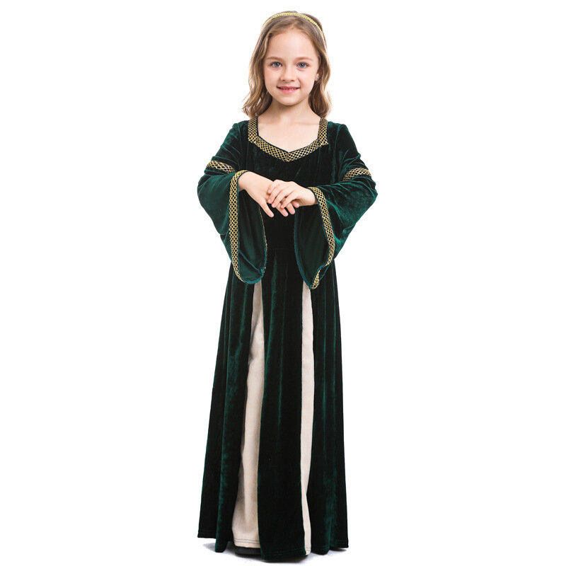 Disfraz de escenario de Drama para niñas medievales, vestido completo de manga de cuerno verde oscuro hasta el tobillo, novedad