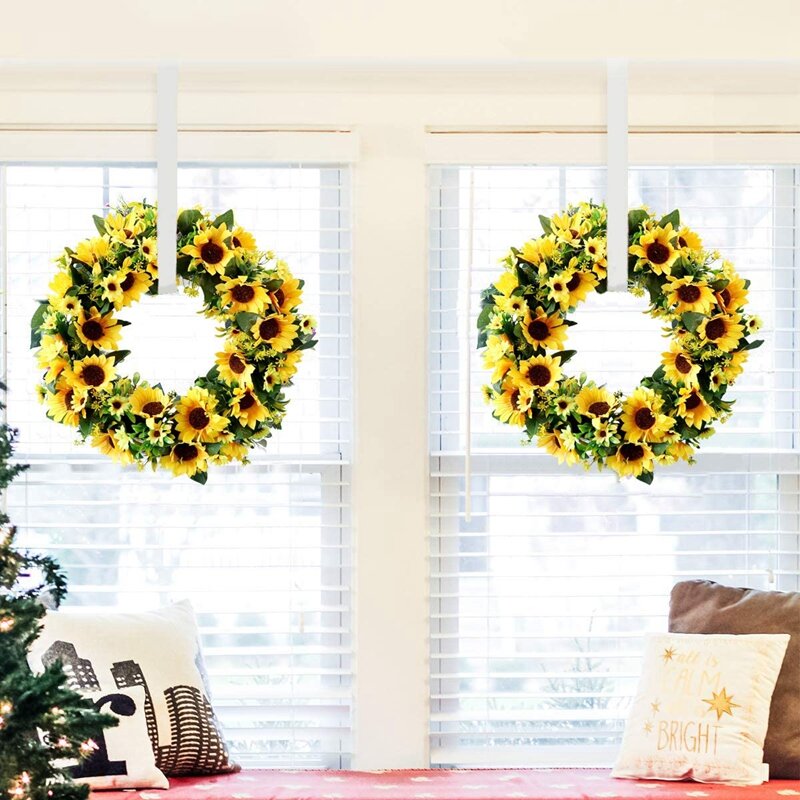 Quality 18 Inch Artificial Sunflower Wreath Fall Autumn Wreath Fake Flower Wreath With Yellow Sunflower For Front Door Hanging