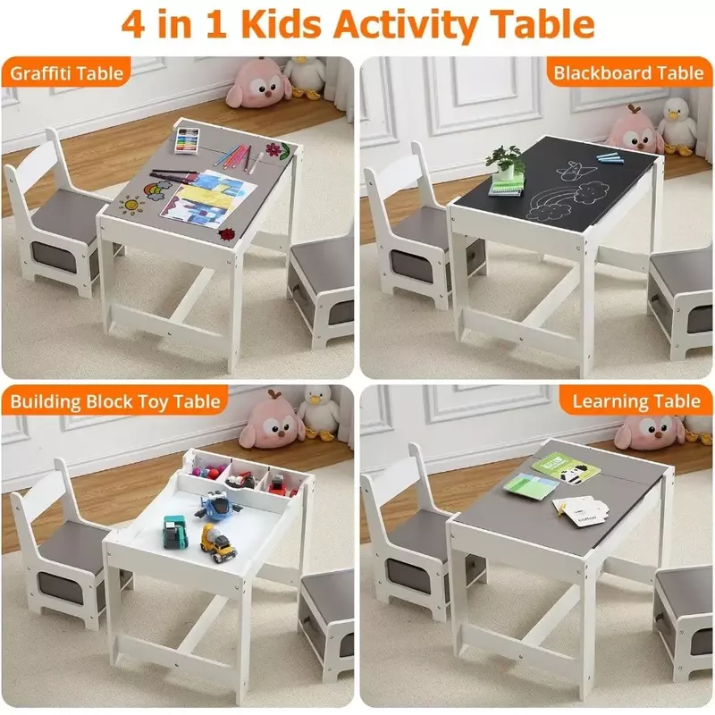 Zestaw stołowy dla dzieci, stolik dla dzieci 3 w 1 z miejscem do przechowywania, odpinany blat, tablica, 3-częściowy zestaw mebli dla maluchów