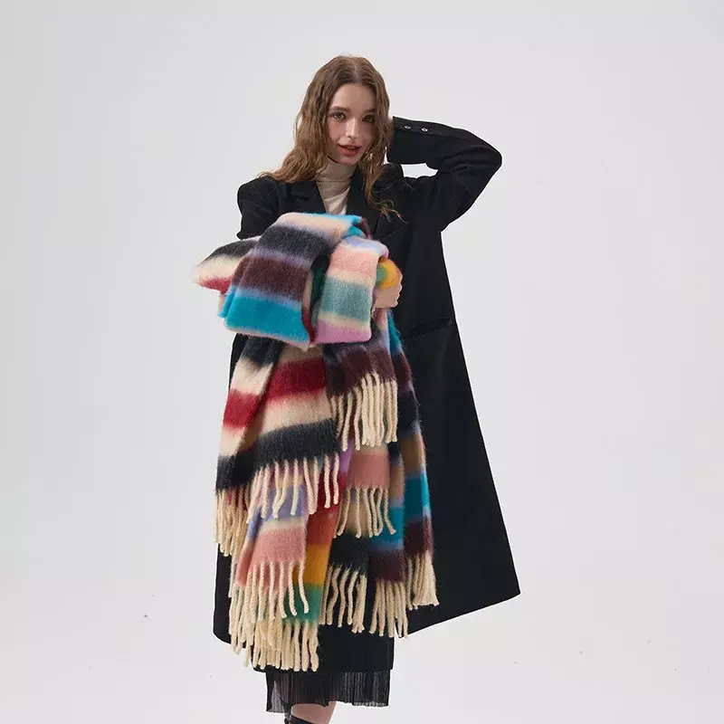 Tassel Scarf Colorful Rainbow Mohair Striped Fashion Couple Neckband Kawaii Winter Warm Thickened Cashmere Scarf Accessories