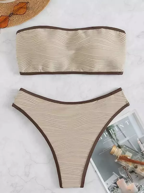 Bikini Bandeau de dos piezas para mujer, traje de baño liso con Tanga, ropa de playa, 2023