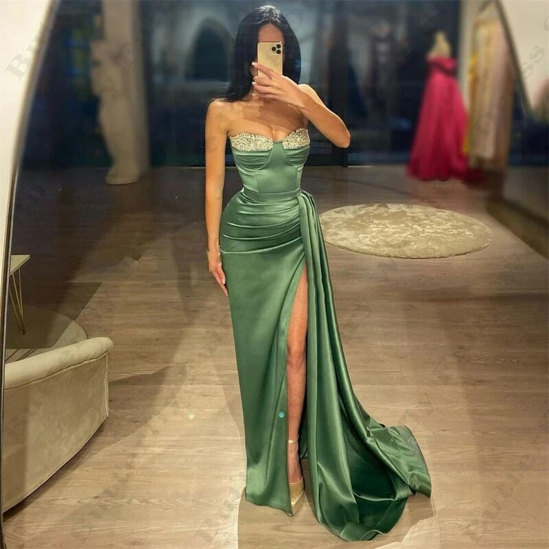 Elegant Gorgeous Satin Evening Dresses Fashion Fascinating Sexy Off Shoulder Sleeveless High Split Mermaid Backless Prom Gowns