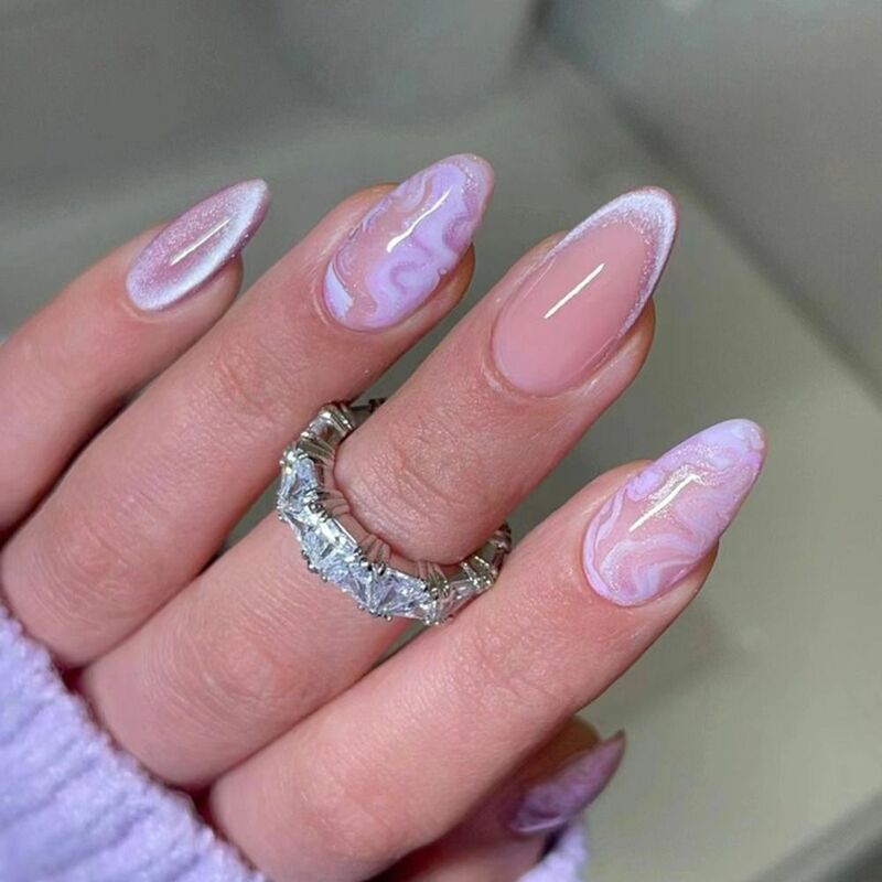 긴 아몬드 가짜 손톱, 프랑스 보라색 나비 꽃, 고양이 눈, 체리 프레스 손톱, DIY 분리형 네일 팁, 24 개