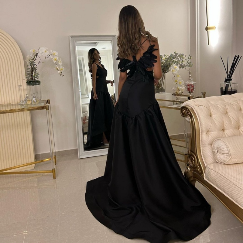 Prom Dresses V Neck Feathers Black A Line Ball Gowns Formal Occasion Evening  Abiti Da Sera  Vestido  Robe Sirene Soiree