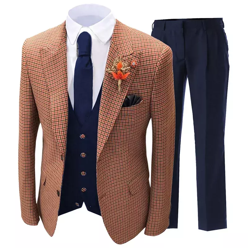 Fino encaixe xadrez listras terno masculino, jaqueta, colete com calça, adequado para banquetes de casamento, versão casual, conjunto 3 pcs