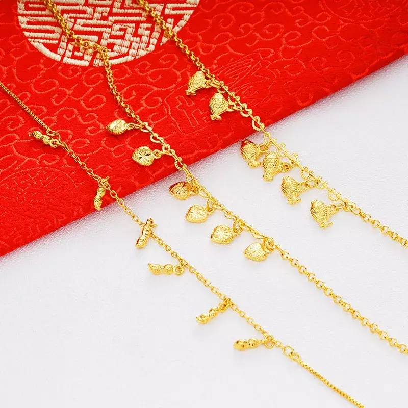 Free Shipping Imitation 18K Real Gold 100% 999 Anklet 26cm Heart Pendant Gift for Women's And Girl's Sweet Cut Style Jewelry