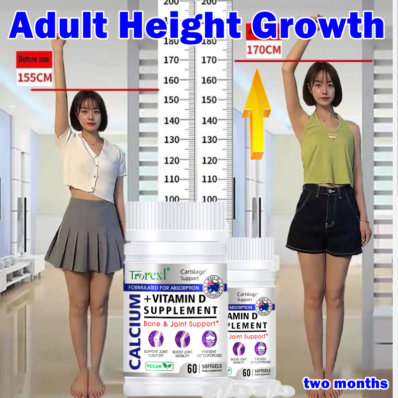 Height Booster para Adultos, Cápsulas Veganas Naturais, Comprimidos de Vitamina D de Cálcio, Cresce Mais, Força Óssea, Reforço da Altura, 60 Cápsulas