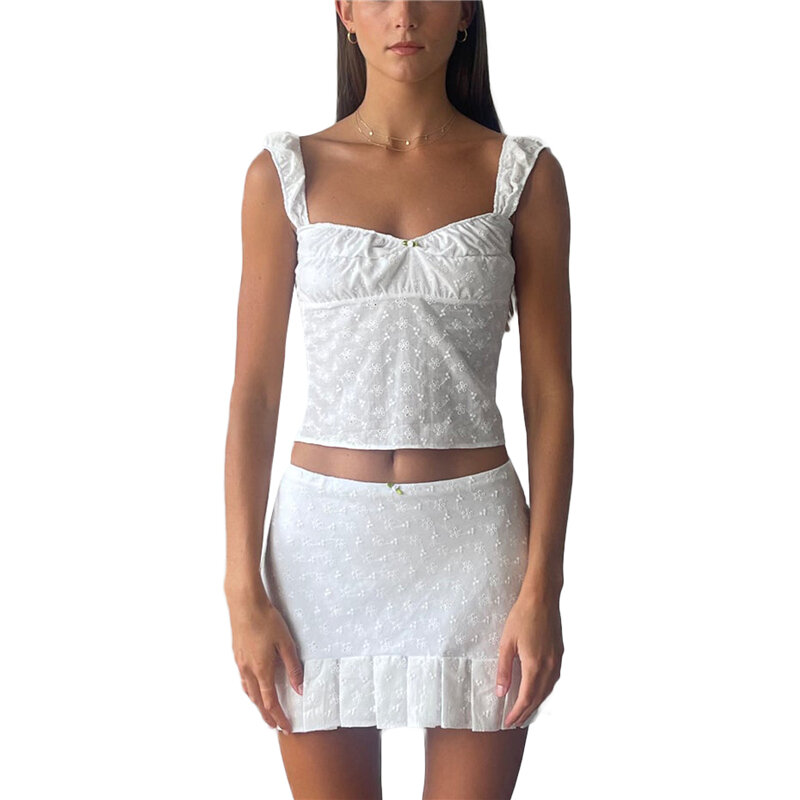 2-częściowe zestawy odzieży y2k Fairycore wykończone frędzlami bez rękawów bez pleców krótki Top i spódnica estetyczny strój dla kobiet Streetwear