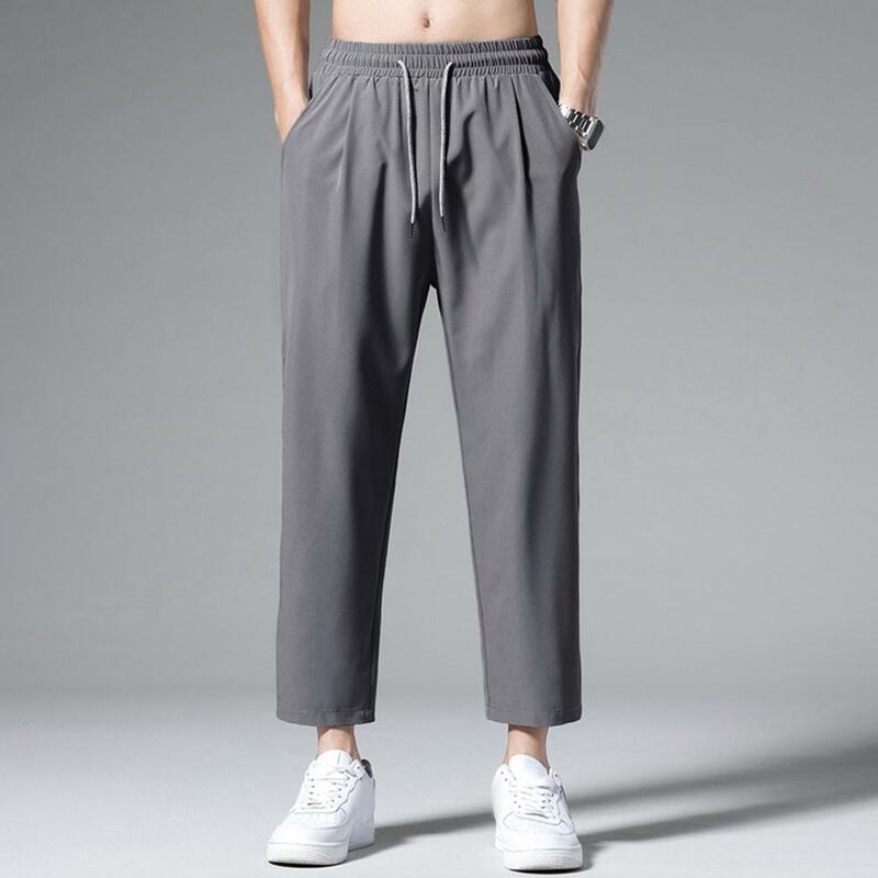 Solid Loose Fit Men Trousers Breathable Straight-leg Trousers Men's Casual Ankle-length Pants Breathable for Daily for Summer