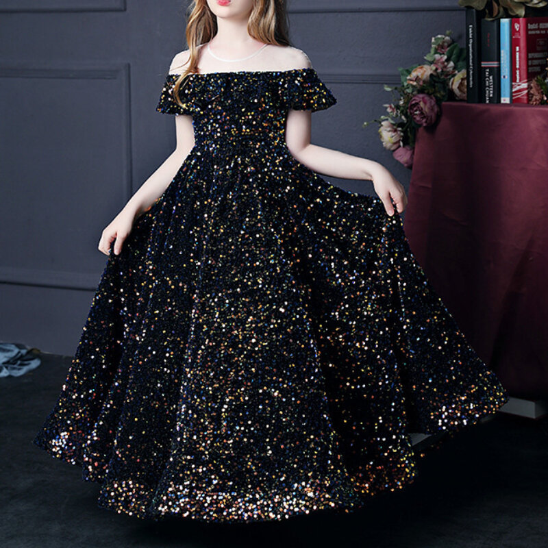 Exquisite Luxus Shinny Mesh gespleißt O-Ausschnitt Abendkleider Slash Rüschen schlanke Taille Vestidos unsichtbaren Reiß verschluss Blumen mädchen Kleid