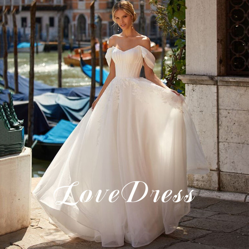 LoveDress V-Neck A-Line Vestido De Noiva, Fora Do Ombro, Lace Up, Vestido De Noiva Sem Costas, Apliques De Trem Moderno