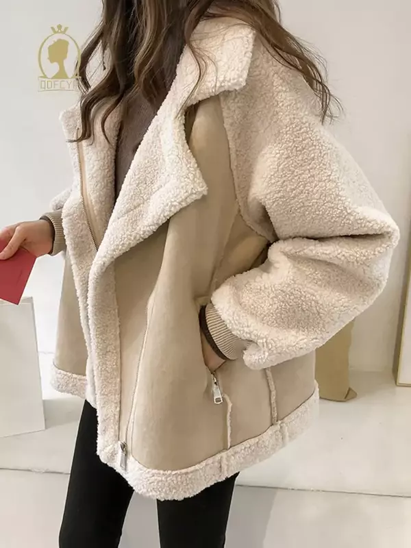 Jesienna zimowe damskie płaszcze 2023 nowa codzienna luźna patchworkowa odzież wierzchnia Harem koreański Vintage Crop kieszenie kurtka z Lambhair kobiety
