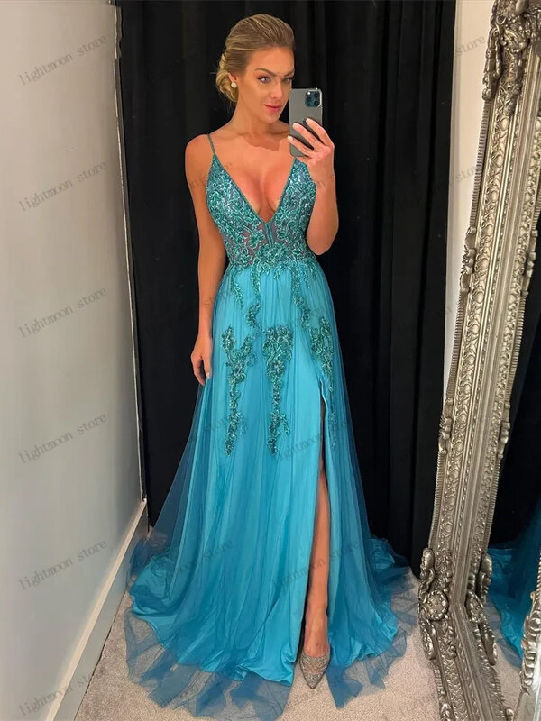 Pretty Evening Dresses Elegant Prom Dress Embroidery V-Neck Backless High Slit Ball Gowns Spaghetti Straps Vestidos De Gala 2024