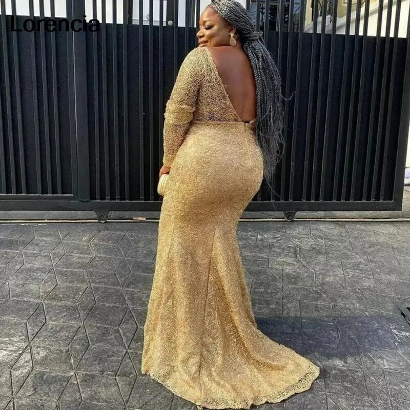 Lorencia African Gold Lace Mermaid Evening Dress Women Elegant Prom Dress Applique Long Sleeves Party Gowns Robe De Soiree YPD10