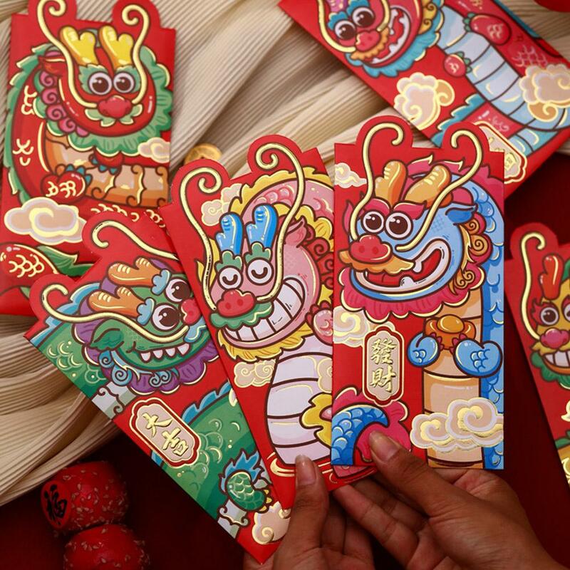 6 шт. мультяшный китайский новогодний счастливый красный конверт 2024 Год Дракона красный пакет сумка удачи в новогоднем подарочном кармане