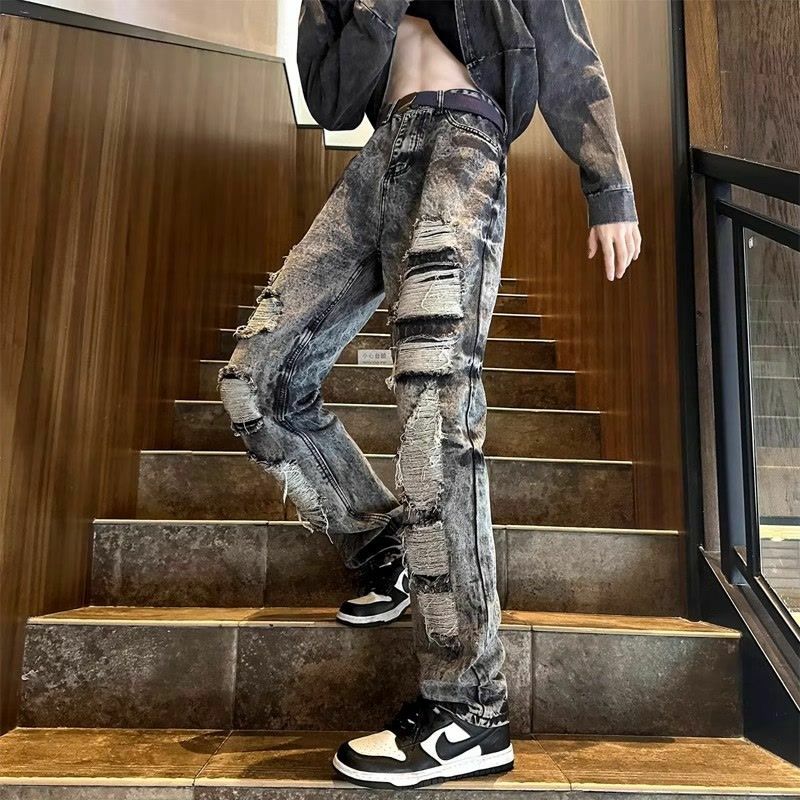 American high street vibe super ripped jeans for men in summer washed and distressed wasteland style pants yuppie style