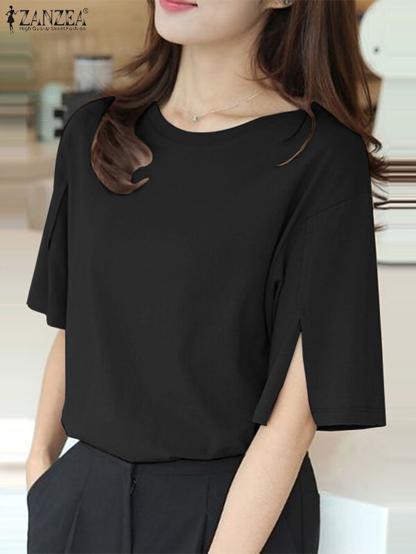 Элегантные женские офисные топы ZANZEA, летняя блузка с круглым вырезом и рукавом до локтя, однотонная Праздничная женская рубашка, Повседневная Свободная Женская блузка