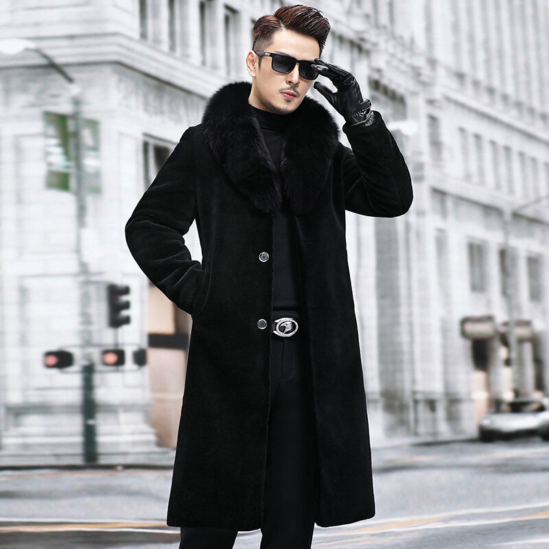 2023 Winter Men's New Long Real Fox Fur Collar Coats Male Genuine Lamb Fur Jackets Men Single Breasted Pockets Outerwear P520