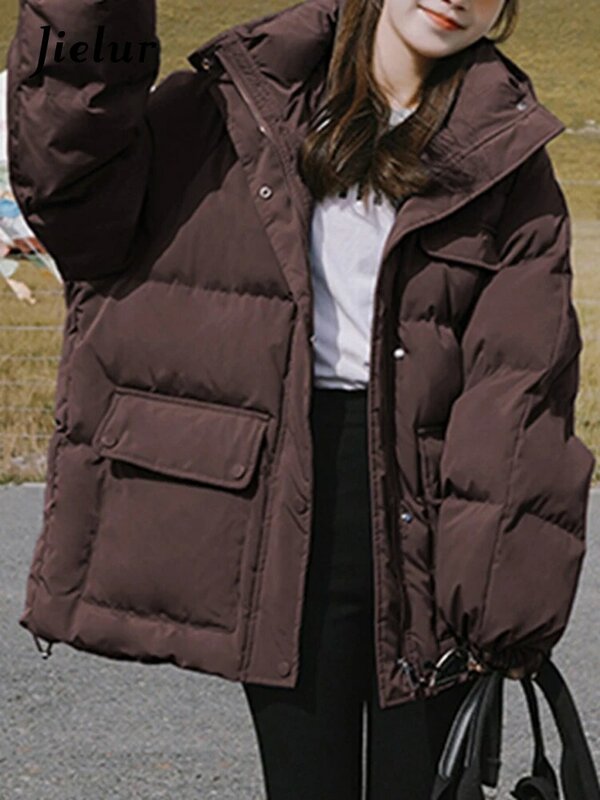 Jielur-ジッパー付きの女性のカジュアルな白いパーカー、韓国のパーカーコットンコート、単色、厚さ、ルーズ、暖かい、コーヒー、冬