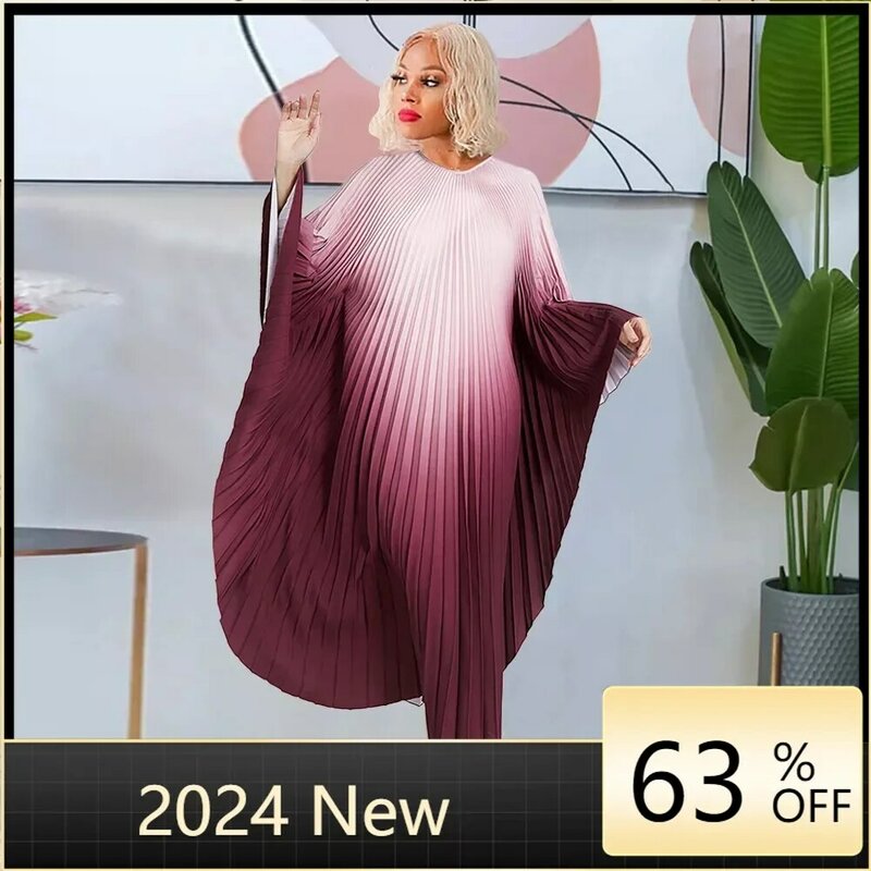 Vestido plisado con cinturón degradado para mujer, cuello redondo, Mangas de murciélago, ropa femenina, primavera 2024