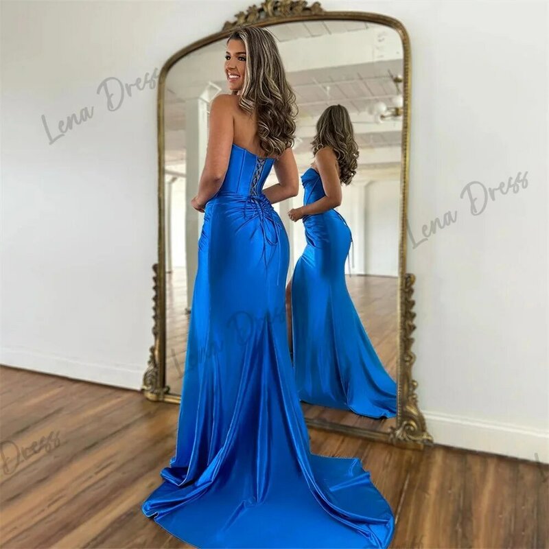 Lena - Elegant Royal Blue Lily Spot Women's Evening Dress Loudspeaker Party Dress Lace up Rear Split Evening Dress
