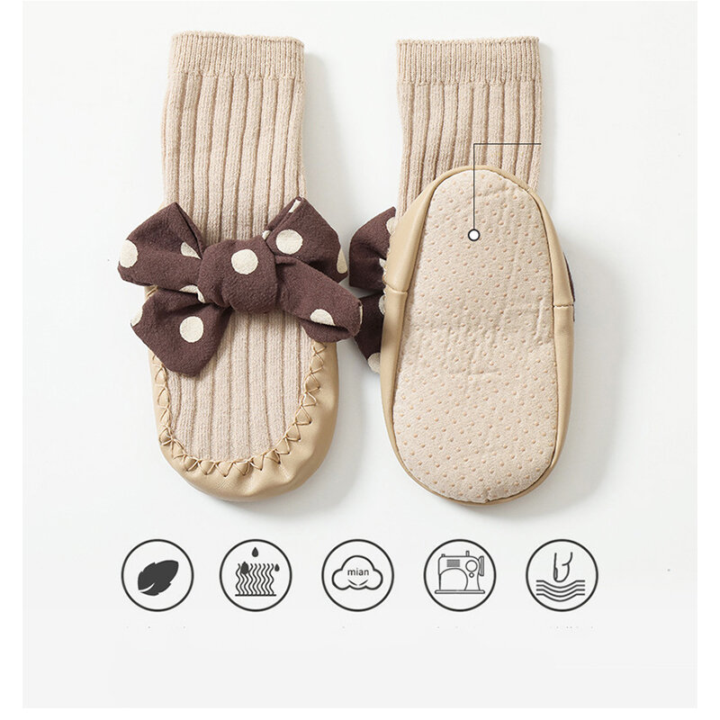 Meias Bowknot de algodão macio das meninas do bebê, sapatos de criança, antiderrapante, chão, recém-nascido, infantil, outono, inverno