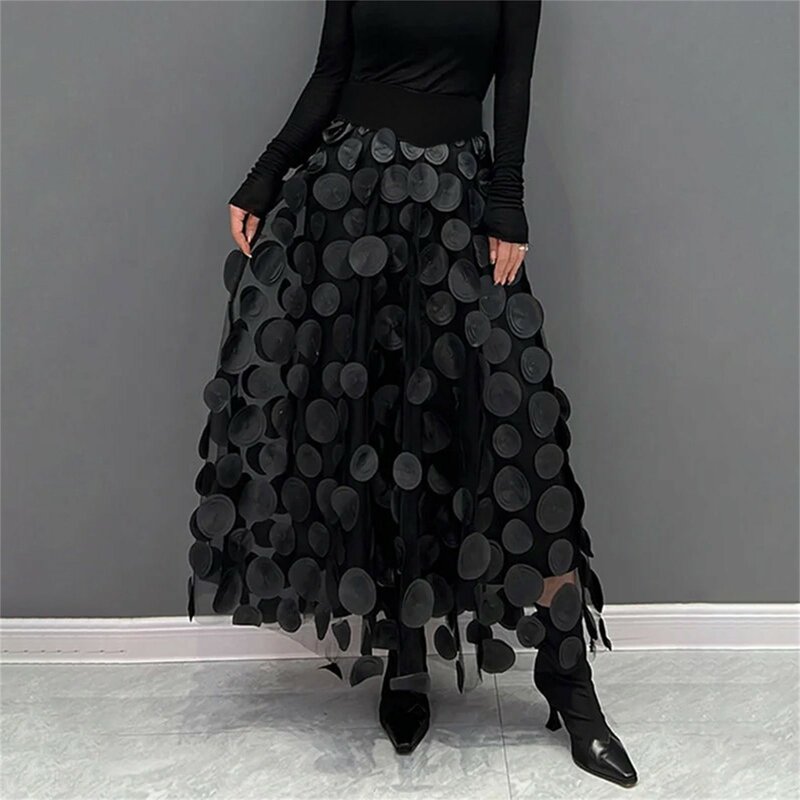 Vintage A Line Skirt Half Length Skirt Women's 3D Polka Dotted Yarn Skirt High Waist V Neck Women Dress