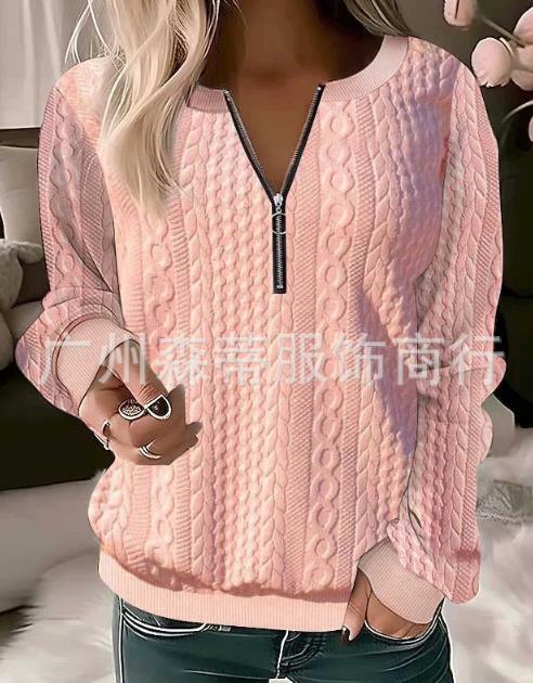 Fashion Women Blouses 2024 Autumn Round Neck Long Sleeve Tee Zipper Design Cable Textured Top Casual Basics Female Pullovre New